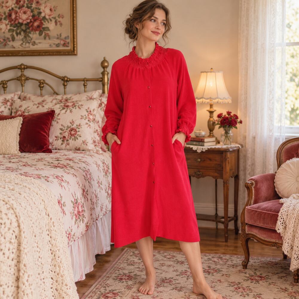 70s Vintage Vanity Fair Red Robe, Housecoat, Lounge Robe, Loungewear, Pocket - S